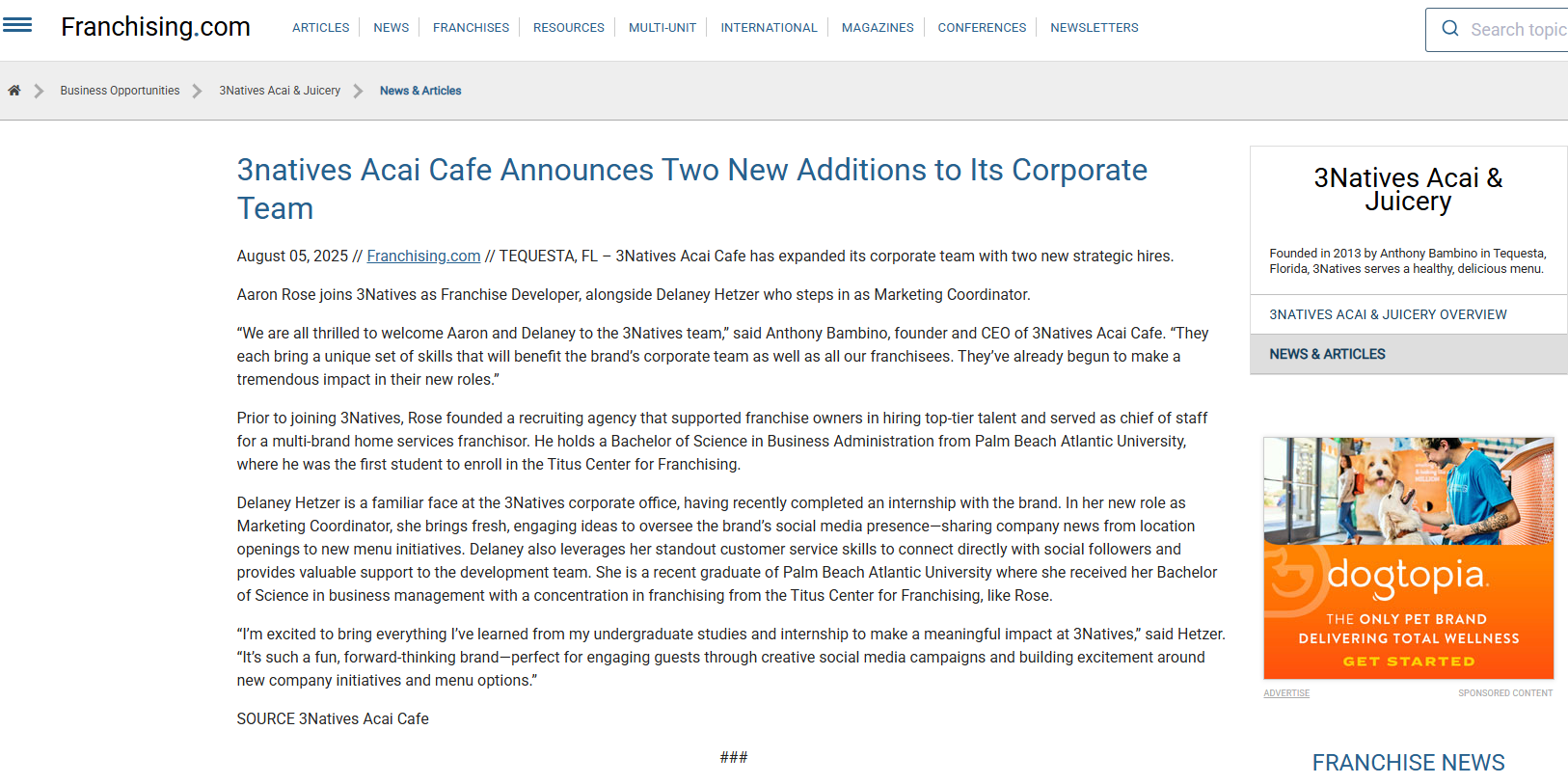 3natives Acai Cafe Announces Two New Additions to Its Corporate Team