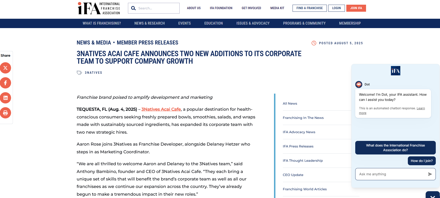 3NATIVES ACAI CAFE ANNOUNCES TWO NEW ADDITIONS TO ITS CORPORATE TEAM TO SUPPORT COMPANY GROWTH