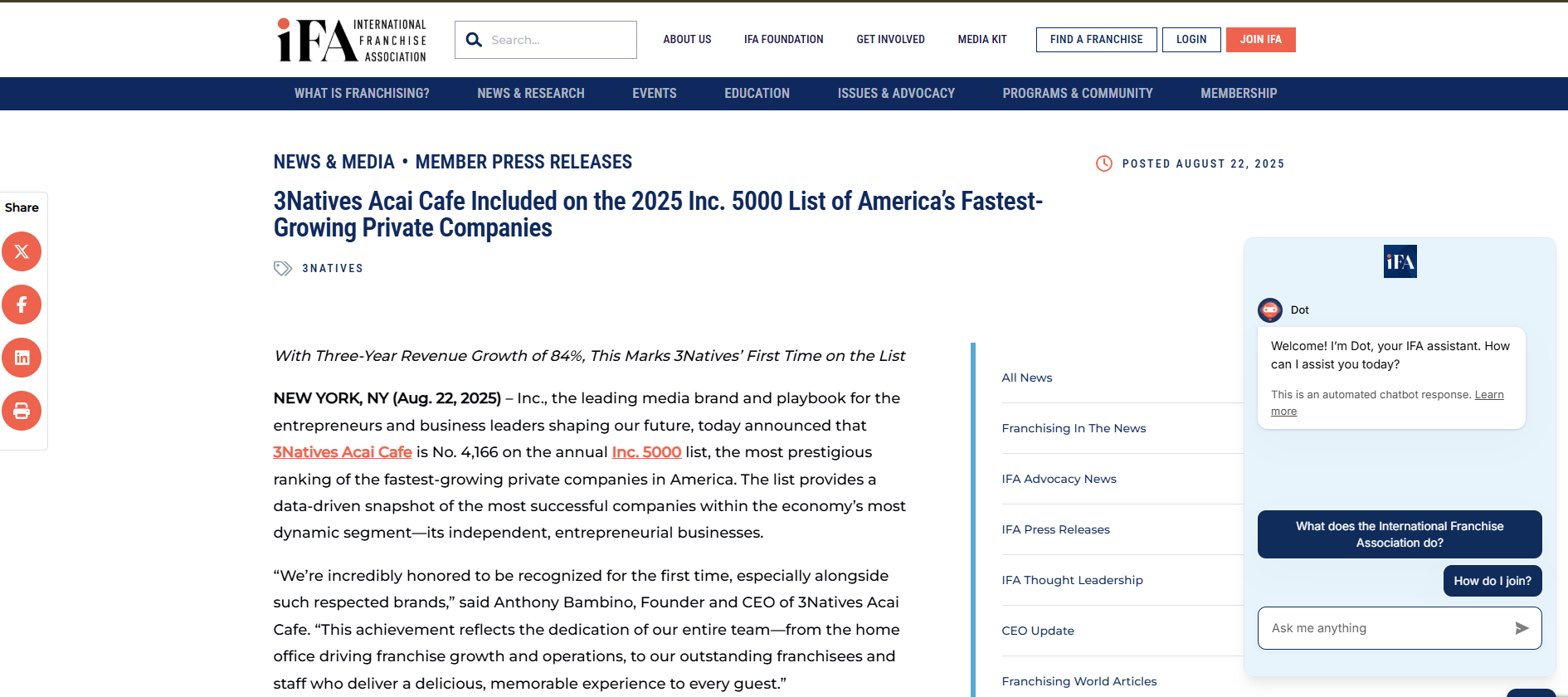 3Natives Acai Cafe Included on the 2025 Inc. 5000 List of America’s Fastest-Growing Private Companies